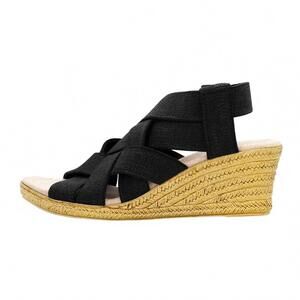 NEW CHARLESTON SHOE CO. women's ravanel lattice woven wedge in black linen